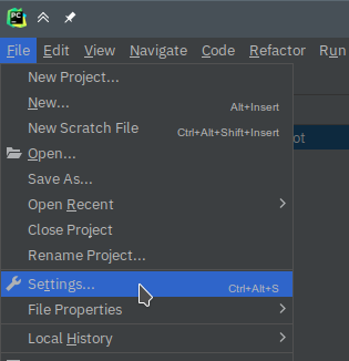 Location of Settings menu option in PyCharm for Windows and Linux