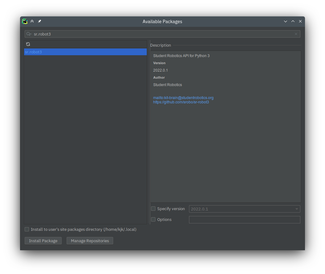 Installing sr.robot3 package from within PyCharm