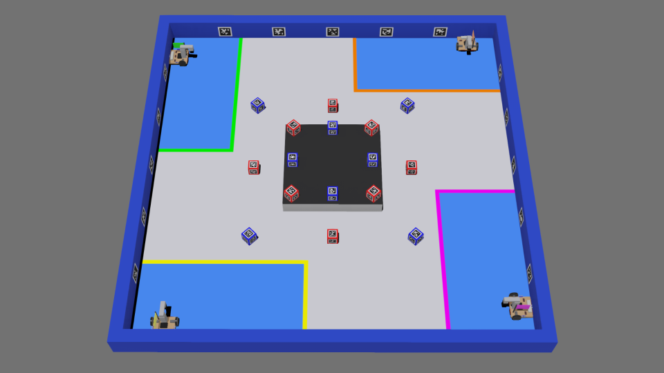 A simulator arena containing 4 robots and a number of red and blue cubes.
